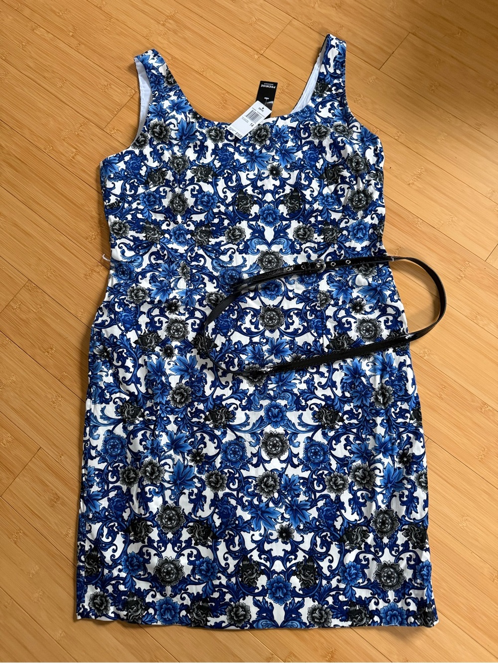 Sleeveless Blue Floral-Scroll Midi Dress with Black Belt
